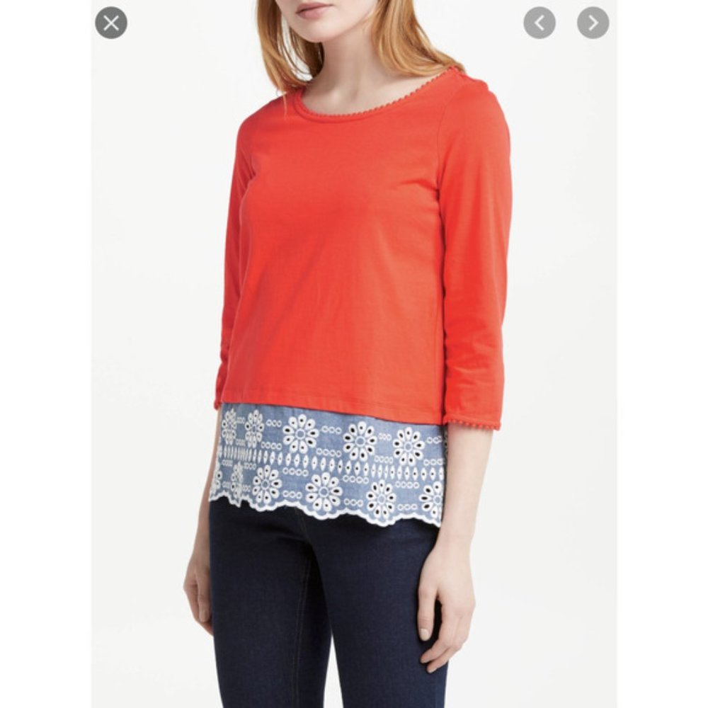 Boden Jersey Broderie Overlay Top Women's Size 10 Soft Bobble Trim Shirt